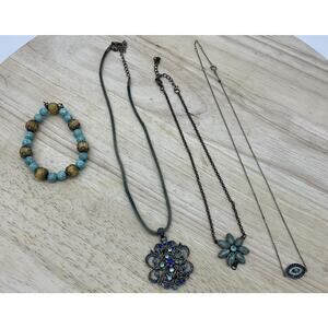 Lot 4 Womens Blue Necklace Bracelet Set Beaded Flower Evil Eye Mixed Jewelry